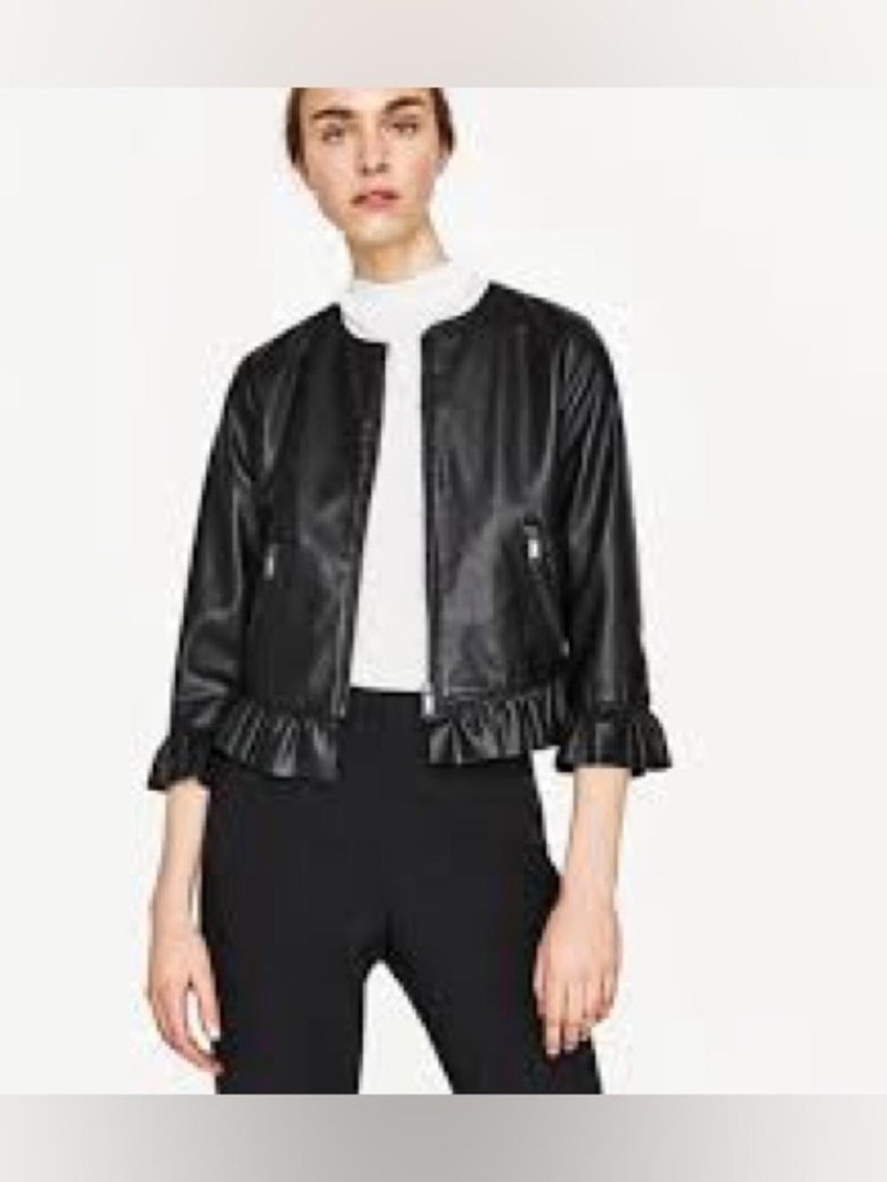 Zara Basic Cropped Faux Leather Ruffle Jacket in black size medium